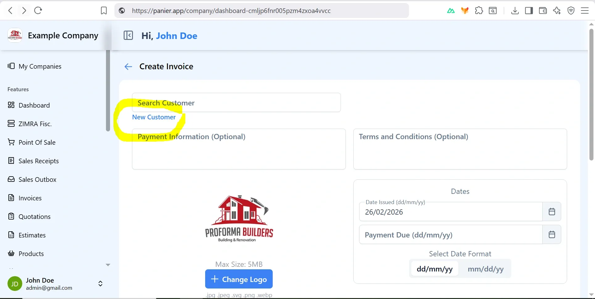 Panier add customer to invoice