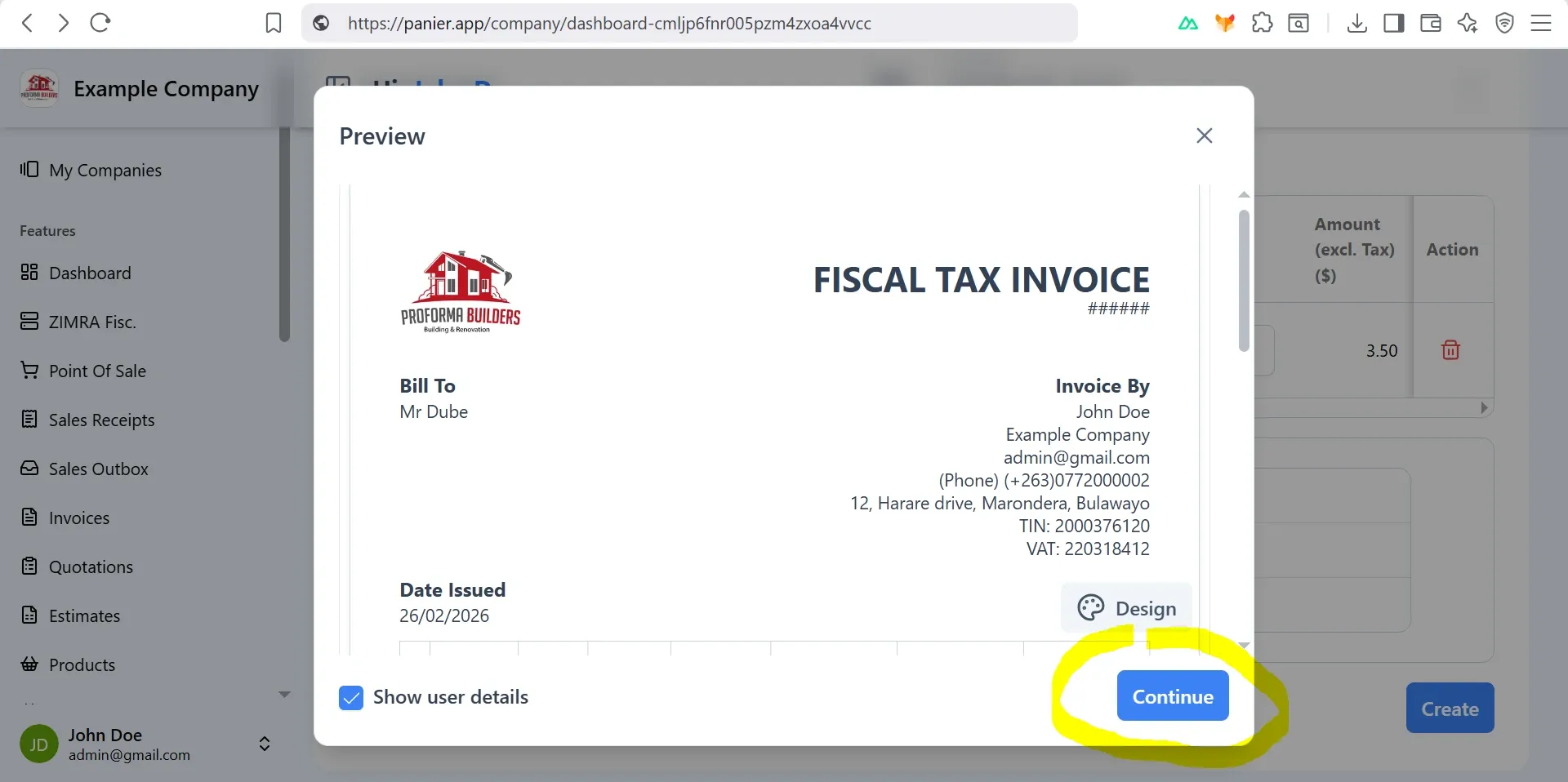 Panier ZIMRA fiscalise invoice