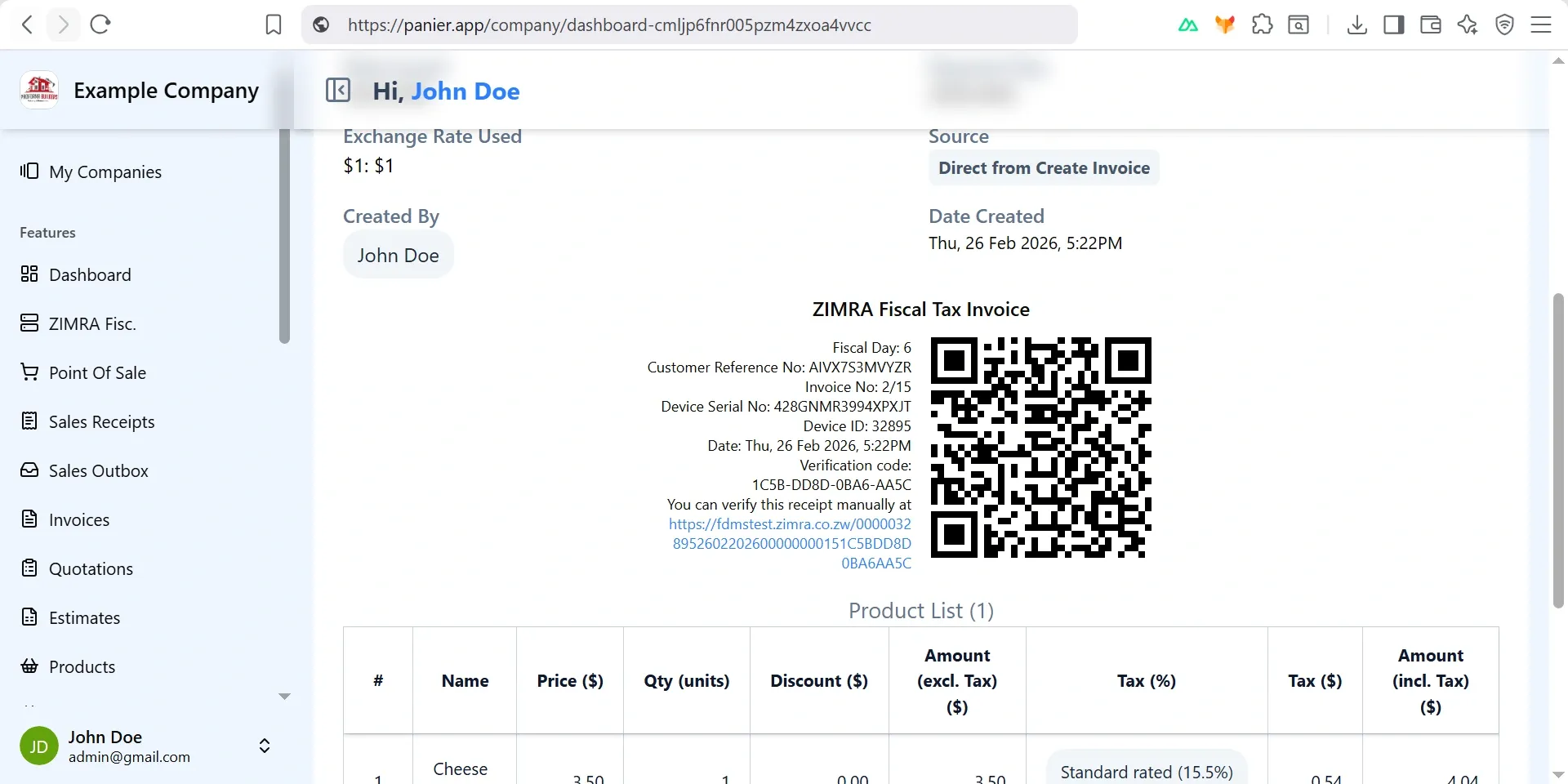 Panier ZIMRA Fiscal Tax Invoice 2