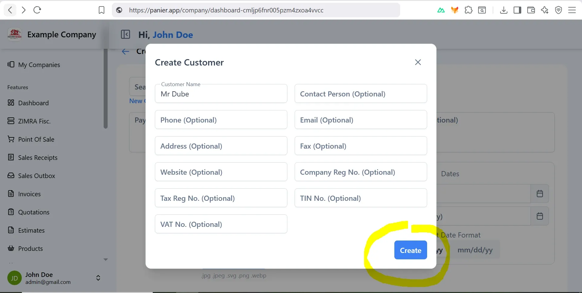 Panier create customer on the create invoice page