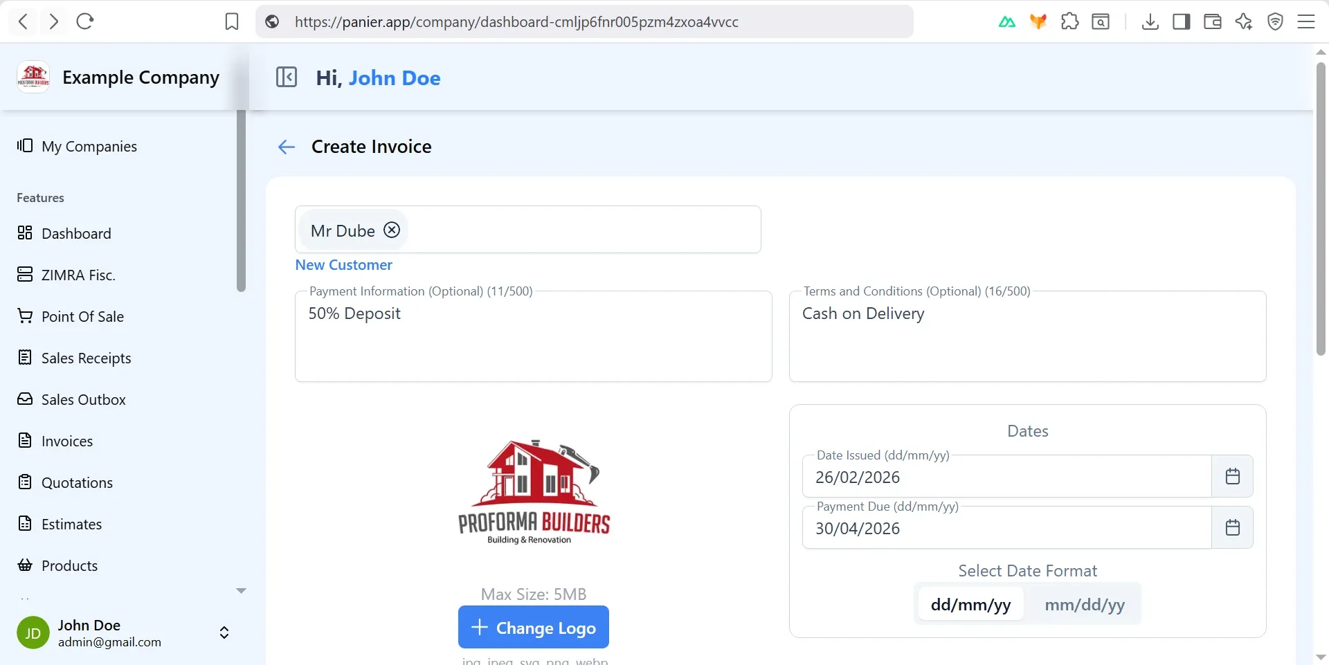 Panier add additional information on create invoice page