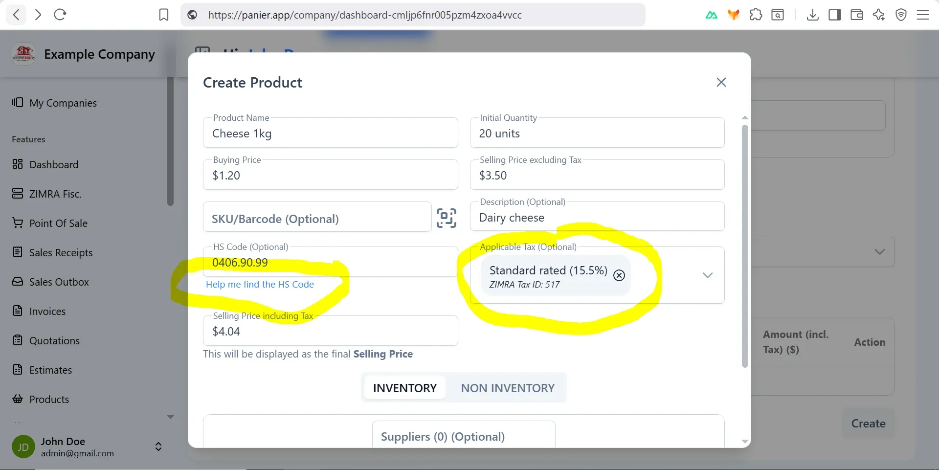 Panier add product on the create invoice page