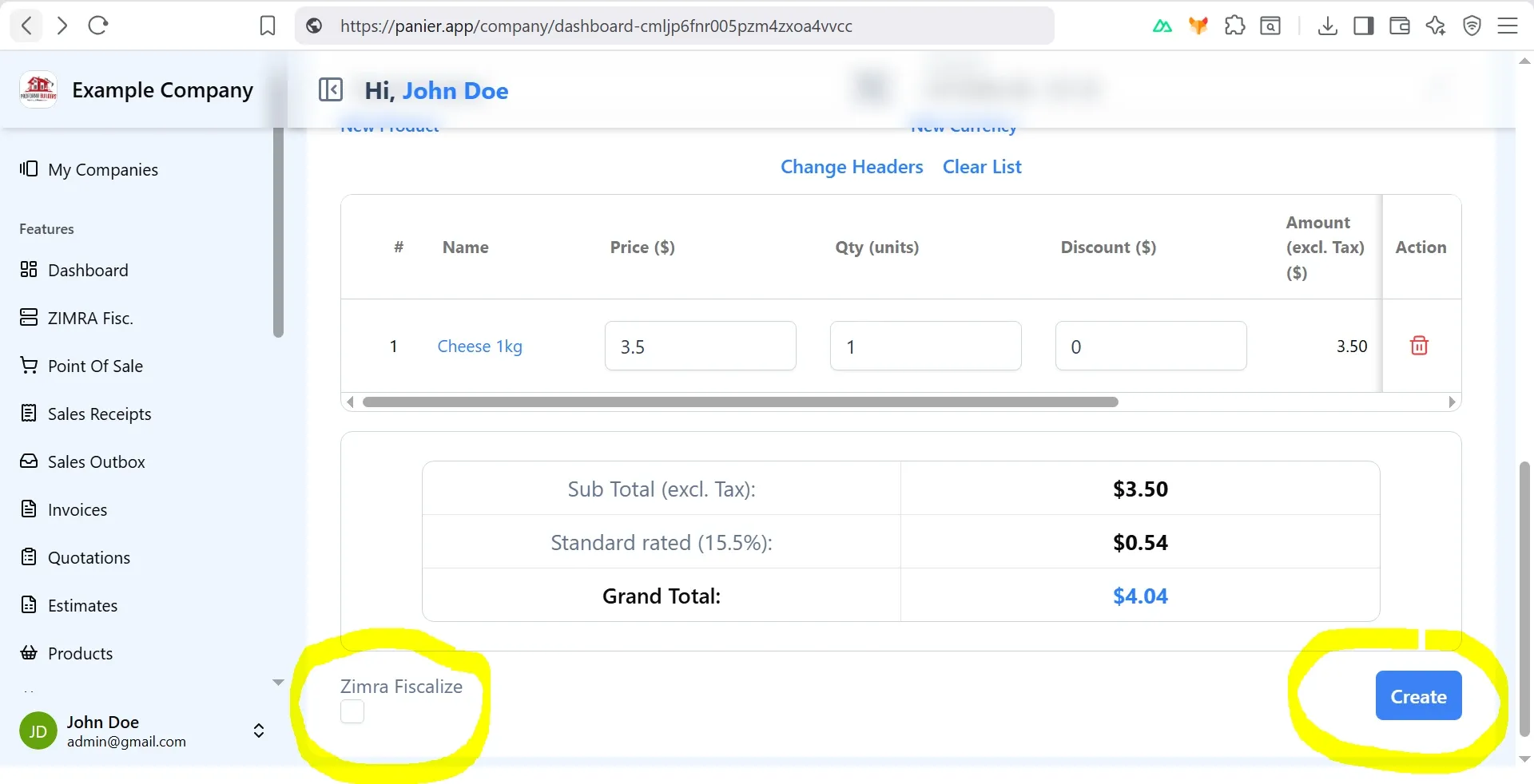 Panier click ZIMRA Fiscalise checkbox