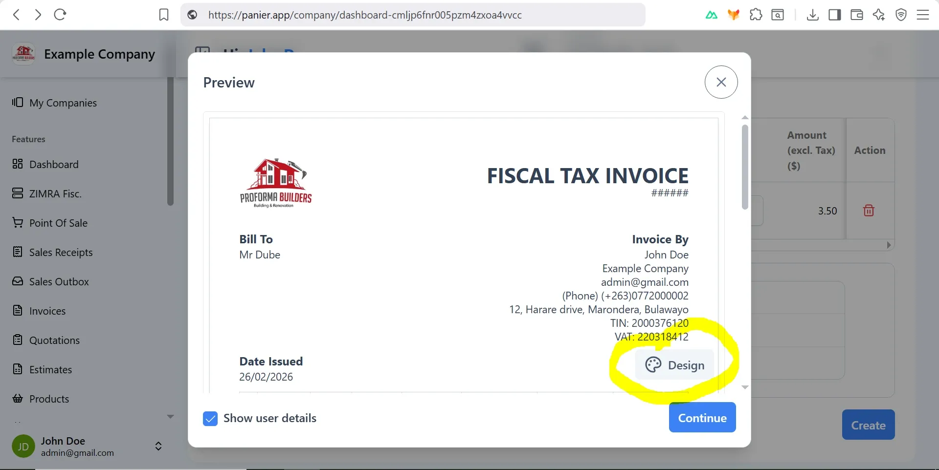 Panier ZIMRA Fiscal Tax invoice preview