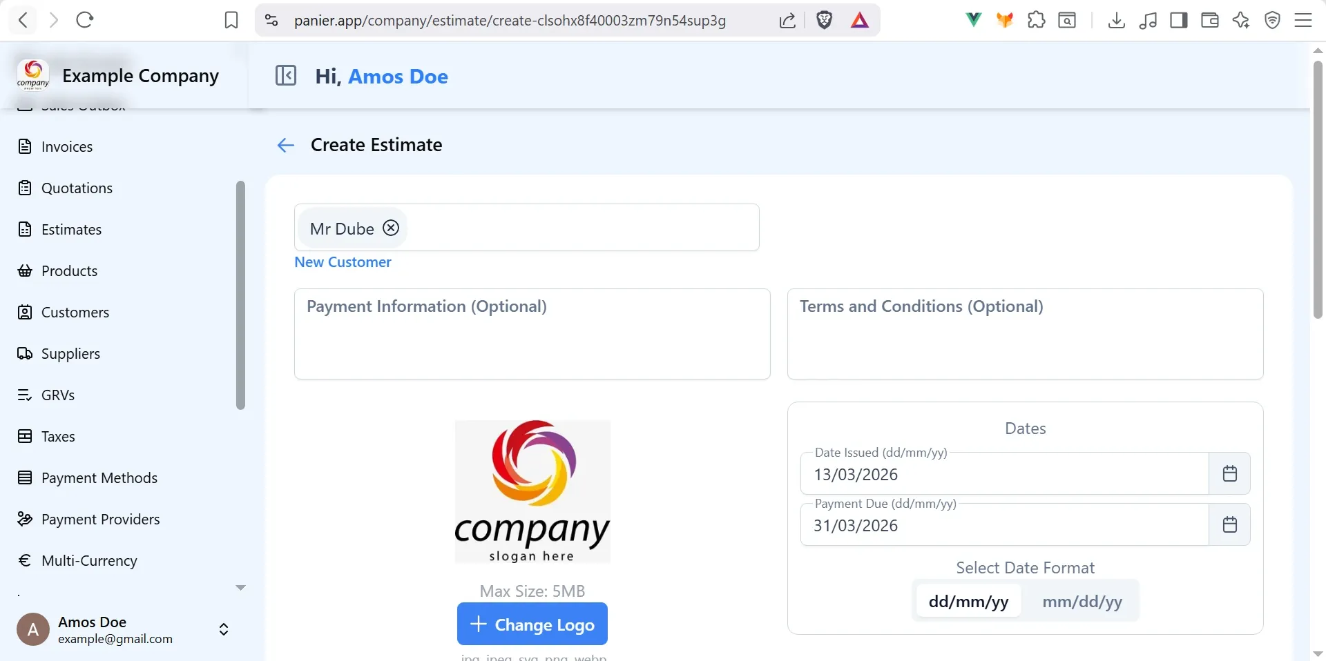 Panier Create Estimate