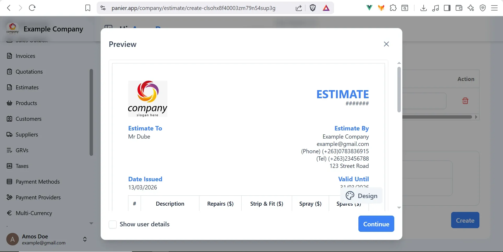 Panier Estimate View Preview