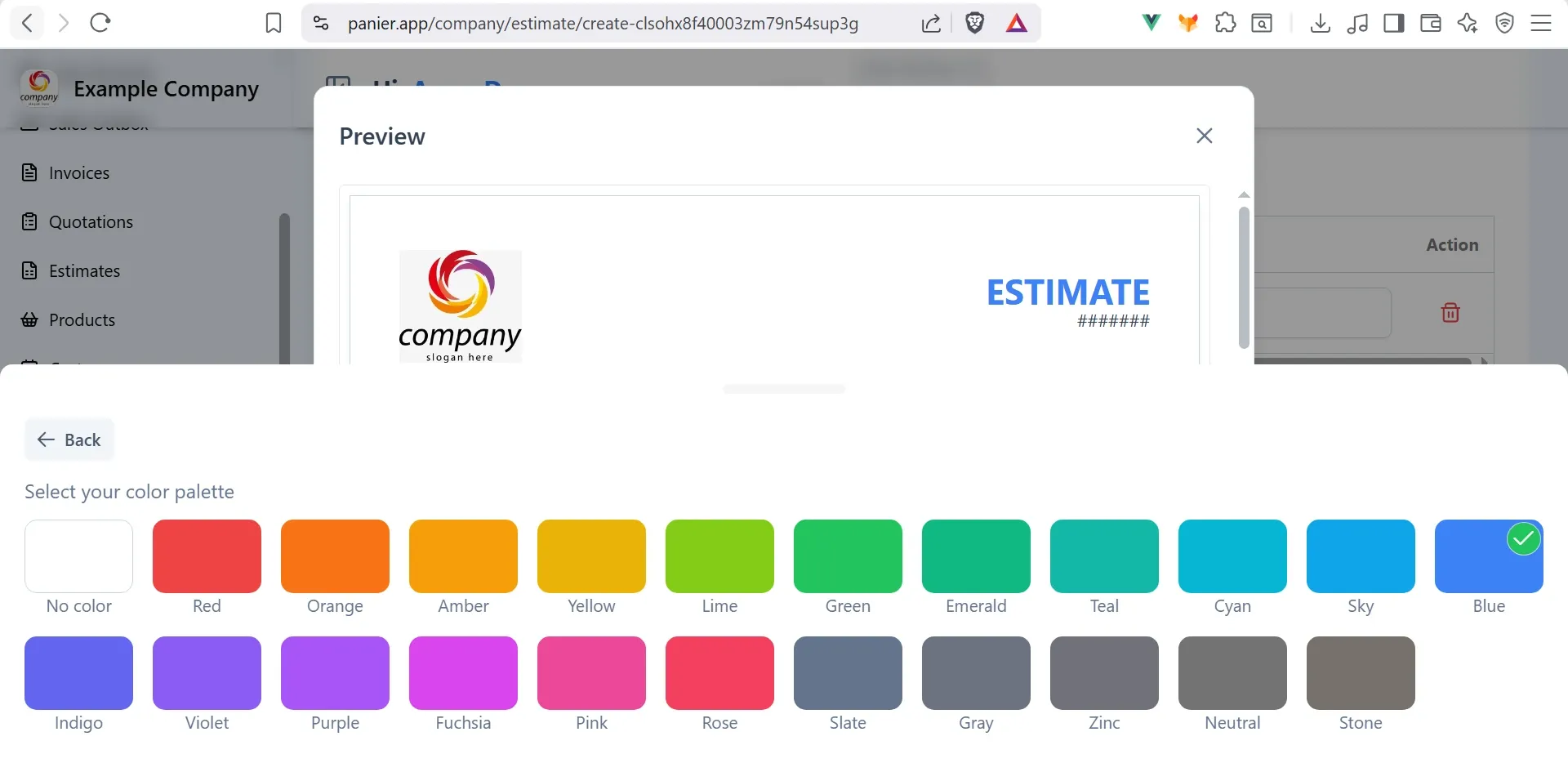 Panier Estimate Choose Color Palette