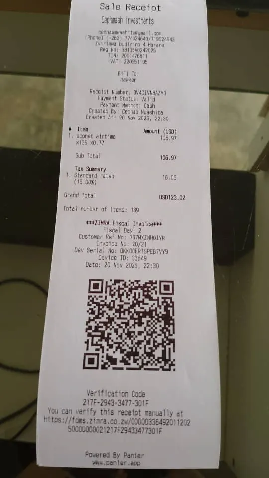 Panier ZIMRA Tax Invoice 80mmm POS Printout Example