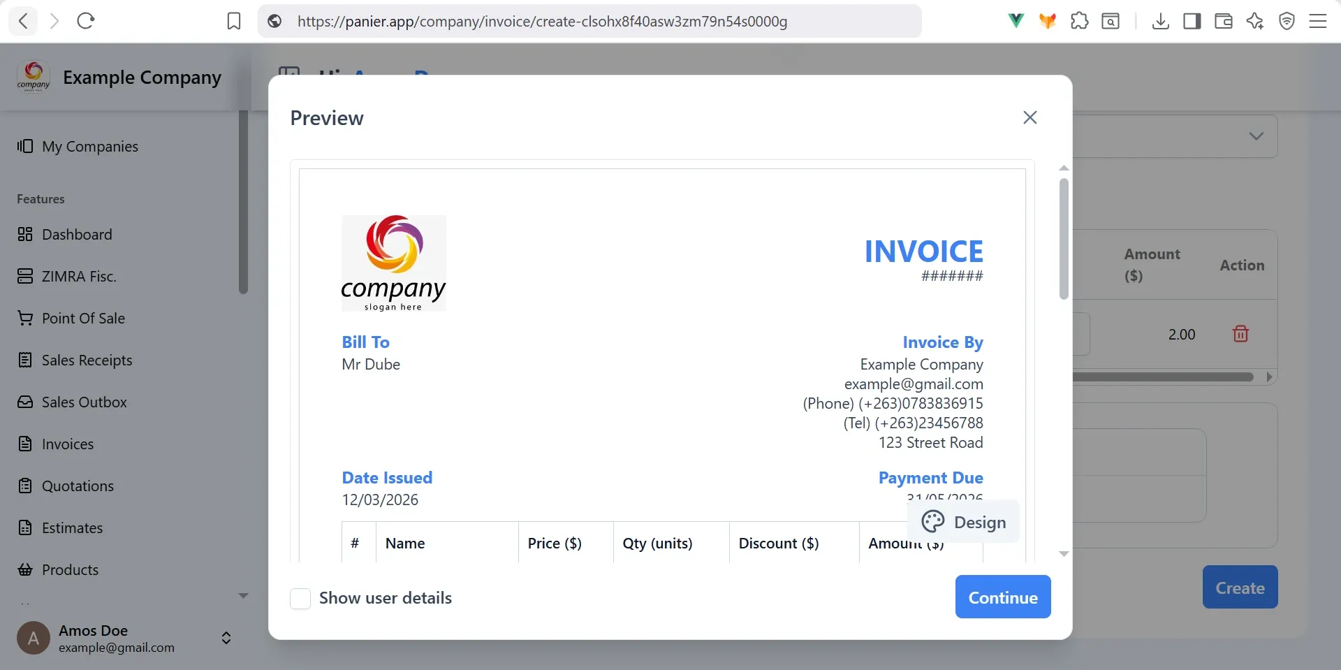Panier Invoice View Preview