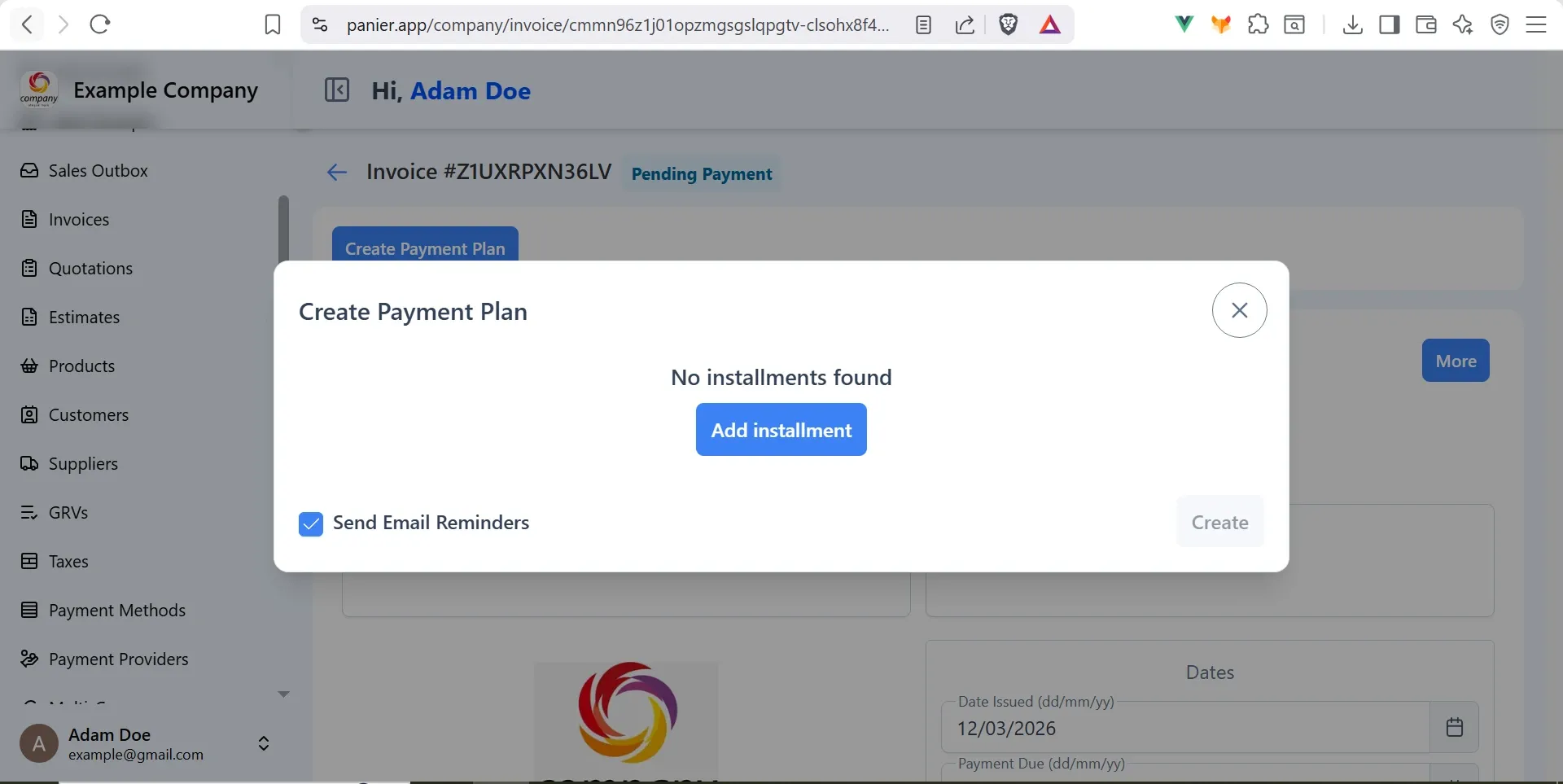 Panier Creating a Payment Plan